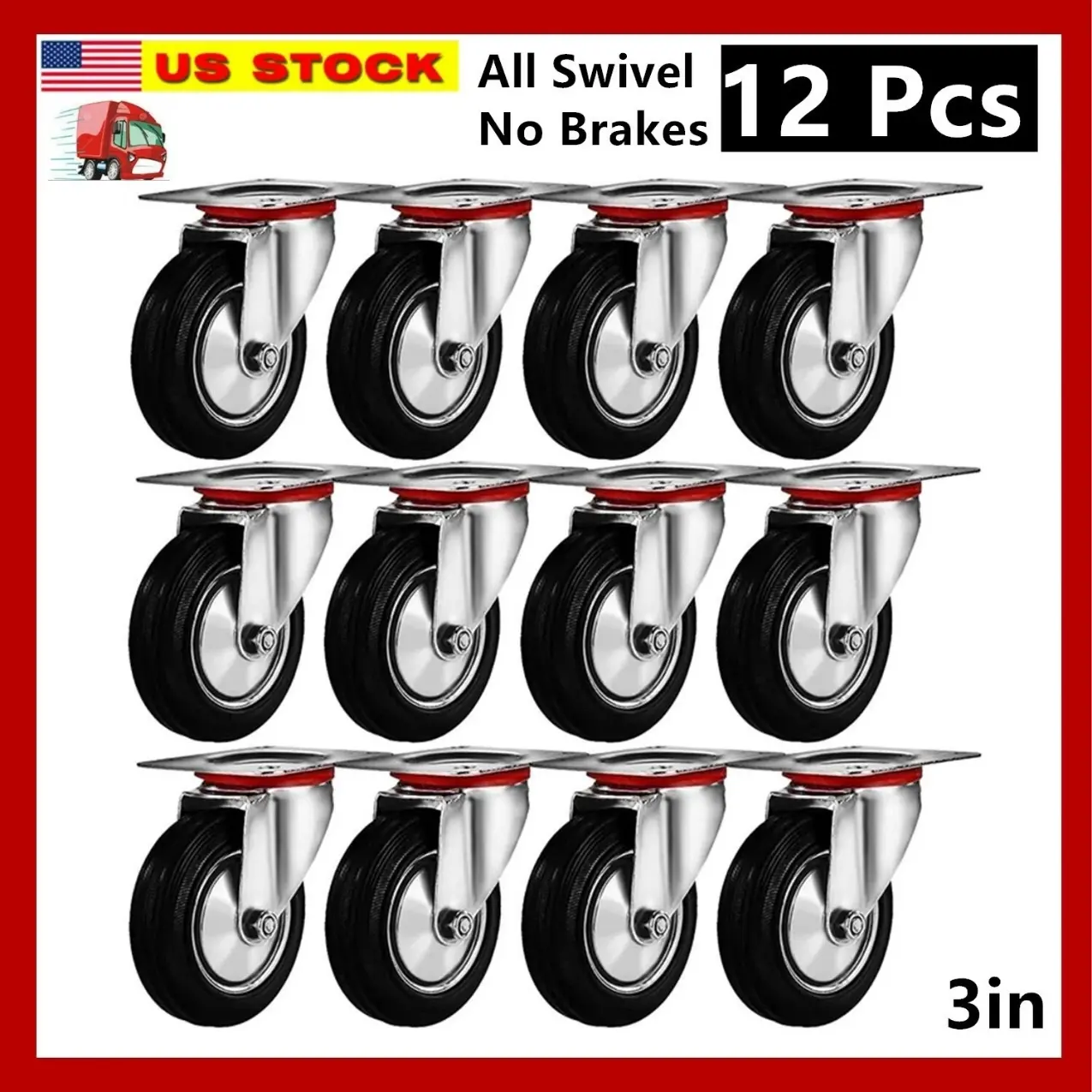 3 in Swivel Caster Wheels, 12 Pack Rubber Casters with Top Plate and Double Ball Bearings, 360 Degree Rotation, Heavy Duty Wheels for Furniture, Carts and Equipment | plate casters, furniture caster wheels, cart wheels, rubber wheels, rolling casters