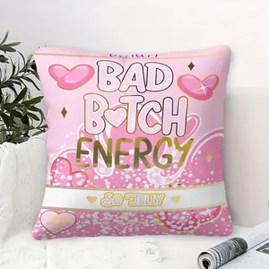 Bad Bitch Energy "Themed Pillow, Letter Printed Square Pillow, Short Velvet Fabric, Y2k Style Design, Soft Pink As The Main Color Tone, Matched With Gold Strokes And Heart Patterns, Suitable For Sofas, Bedroom Cushions, Bedside Cushion