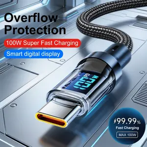 1Pcs 100W Fast Charging Type-C To C Cable Intelligent Digital Display Phone Charging Cable Wear-Resistant Nylon Braided Durable Data Cable for iPhone 17 16 15 Series & Android USB Type C Cellphone