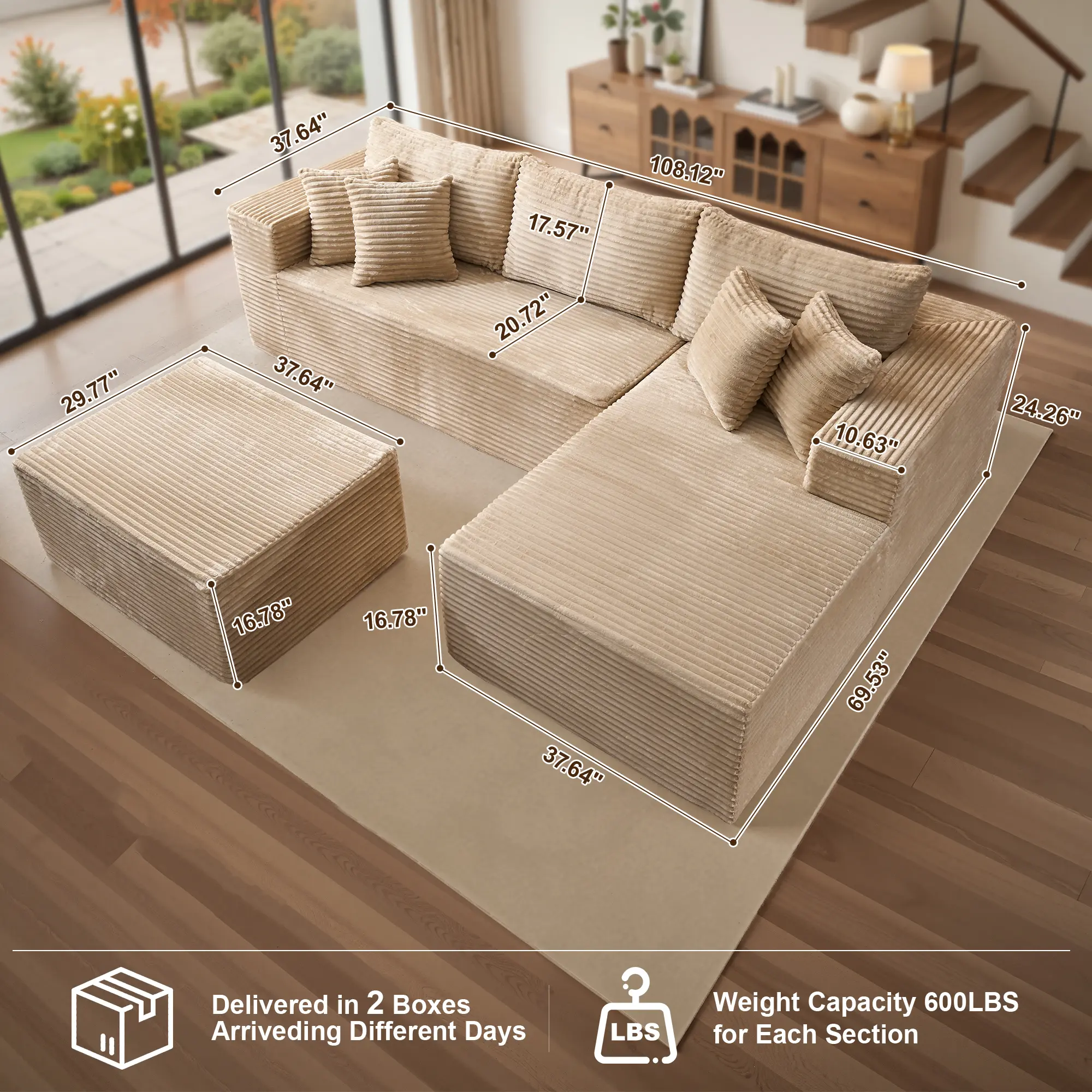 Beige Right-Chaise Sofa with Ottoman