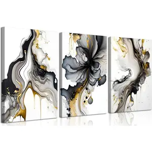 3Pcs Framed Black and Gold Wall Art, Grey and Gold Marble Canvas Wall Art Prints Posters Wall Pictures for Living Room Bedroom Office Home Decoration,Ready to hang