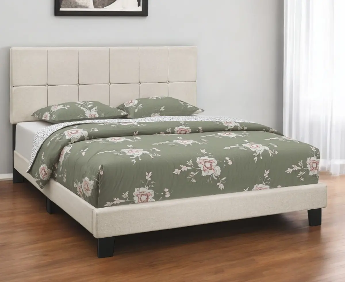 360 Stand Beige Tufted Linen Queen Bed Frame - Rectangular Panel Upholstery, Contemporary Look, Wood Legs