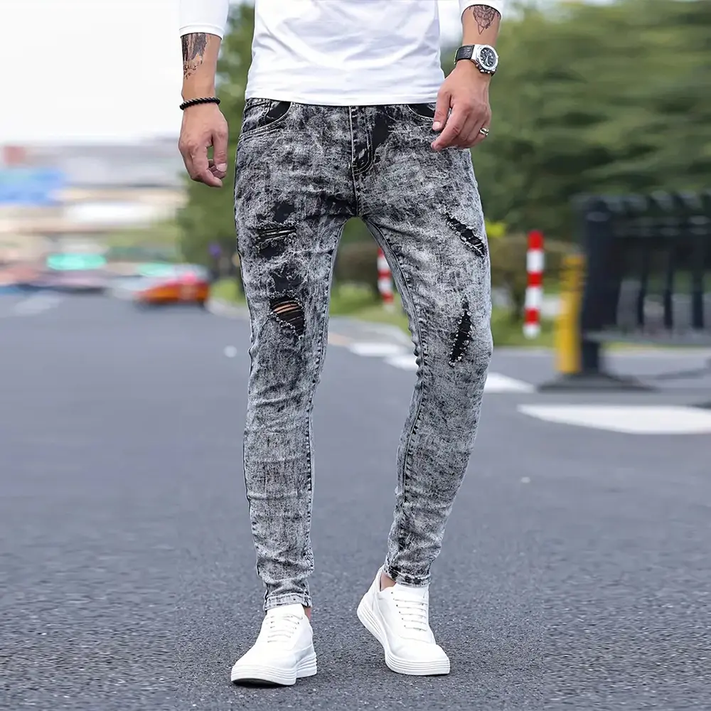 Men’s vintage washed stretch denim jeans—simple, premium slim fit with a distressed look; versatile for biker, street, and casual outfits.
