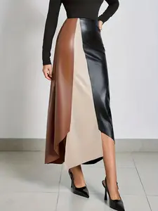 A fashionable color blocked irregular leather skirt for women, suitable for commuting, shopping, and outdoor wear