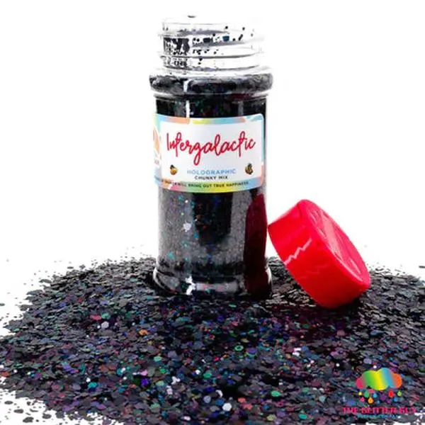 Holographic Black Chunky Glitter - Intergalactic Mix Shaker for Glitter Art Crafts, Clump-Free & UV-Resistant Polyester Powder, Hexagonal Cut