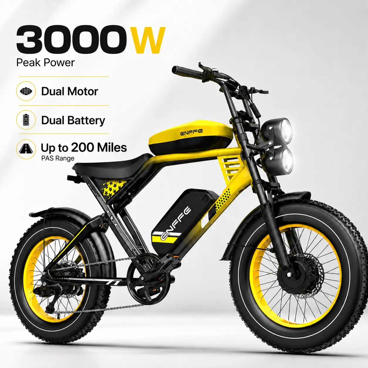Adult 3000W Dual-Motor Electric Bike, 48V 45Ah Dual-Battery E-Bike with 200-mi Long Range, 32MPH Max Speed, Full Suspension, 20×4 Fat Tires, 7-Speed High-Torque Off-Road Cycling Equipment