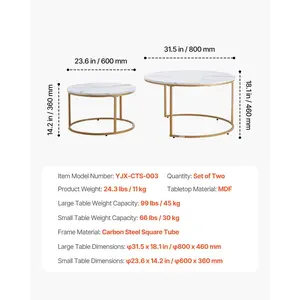 VEVOR Nesting Coffee Table Set of 2, 31.5 in Round Coffee Table, Nesting Tables for Small Place, Vintage End Side Tables Night Stand with Metal Frame, for Living Room, Bedroom, Office (White Gold)