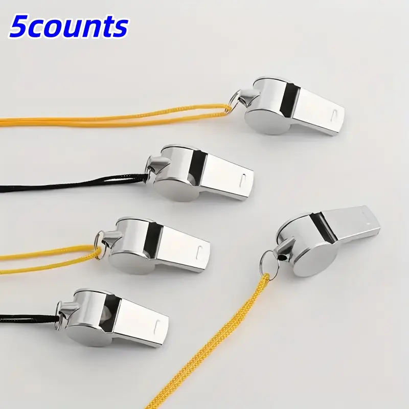 5 Piece Stainless Steel Whistle Set with Lanyard, Metal Whistles for Coaches, Referees, Outdoor Sport Training Accessories, Volleyball Gear
