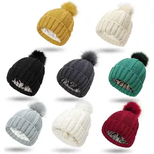 Cozy Slouchy Beanie Hat for Women - Satin Lined Cable Knit with Pom Pom, Soft & Warm for Winter, Outdoor Sports, Skiing, Back to School