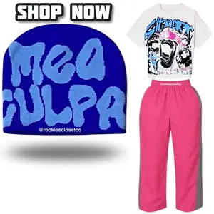 Women's 2-Piece Soft Cotton Tracksuit - Plus Size Women's Clothes with Short-Sleeve Round Neck White Graffiti Streetwear Shirt, Baggy Hot Pink Wave Smooth Track Pants, Blue Beanie - Fall Urban Casual Lounge Outfit