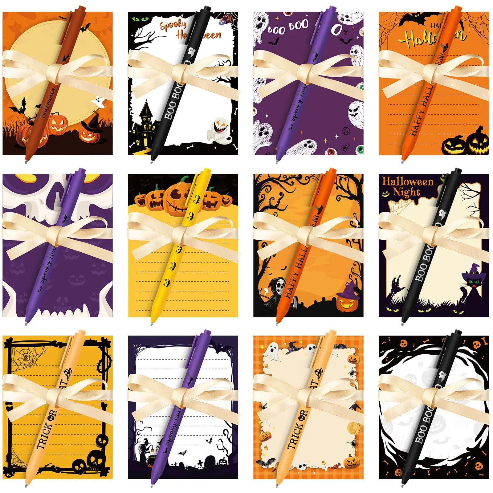Halloween Fall Gift 12/24 Sets Little Boo Design Sticky Note Pad with Pens Halloweeen Adhesive Sticky Note Set Memo Pads with Pens Stationery Kit for Office & School Supplies Giftable Perfect for Students Teachers Desk Use