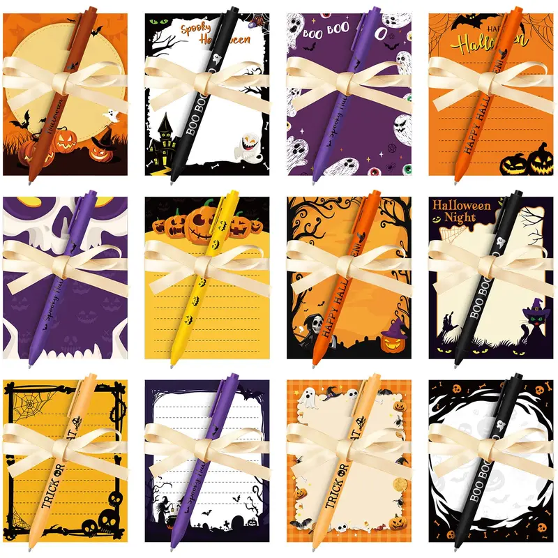 Halloween Fall Gift 12/24 Sets Little Boo Design Sticky Note Pad with Pens Halloweeen Adhesive Sticky Note Set Memo Pads with Pens Stationery Kit for Office & School Supplies Giftable Perfect for Students Teachers Desk Use