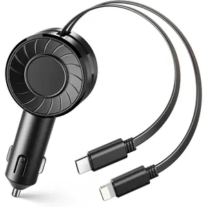 Compact and Quick Retractable Car Charger, 3-in-1 Fast Charging Adapter, featuring a retractable PD 50W Type-C and Lightning cable. Compatible with iPhone 17/16/15/14/13/12 Pro Max, iPad Pro 2025, AirPods Pro 3, and Galaxy S23/S22/S21 series.