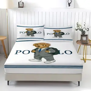 Teddy Bear Pattern Bed Sheet, Comfortable Printed Pattern, Includes 1 Bed Sheet and 2 Pillowcases, Comfortable Bedding, Non slip Dust Cover Suitable for Bedroom and Guest Room, Suitable as a Gift for Children or Adults