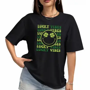 Lucky St. Patrick's Day T-Shirt, Lucky Clovers Graphic Adult Tee, Irish Clover Shirt, Retro Groovy Smile Face For Woman, , Comfort Cotton Fabric Shirt, Women Daily Basic Outfits, Lady's Top For Daily Wear