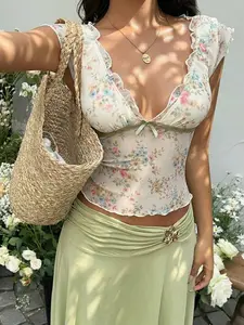 SCHIRA Women Summer Cottage Core Floral Mesh Patchwork Lace Trim Square Neck Cap Sleeve T-Shirt Sweet Vacation
