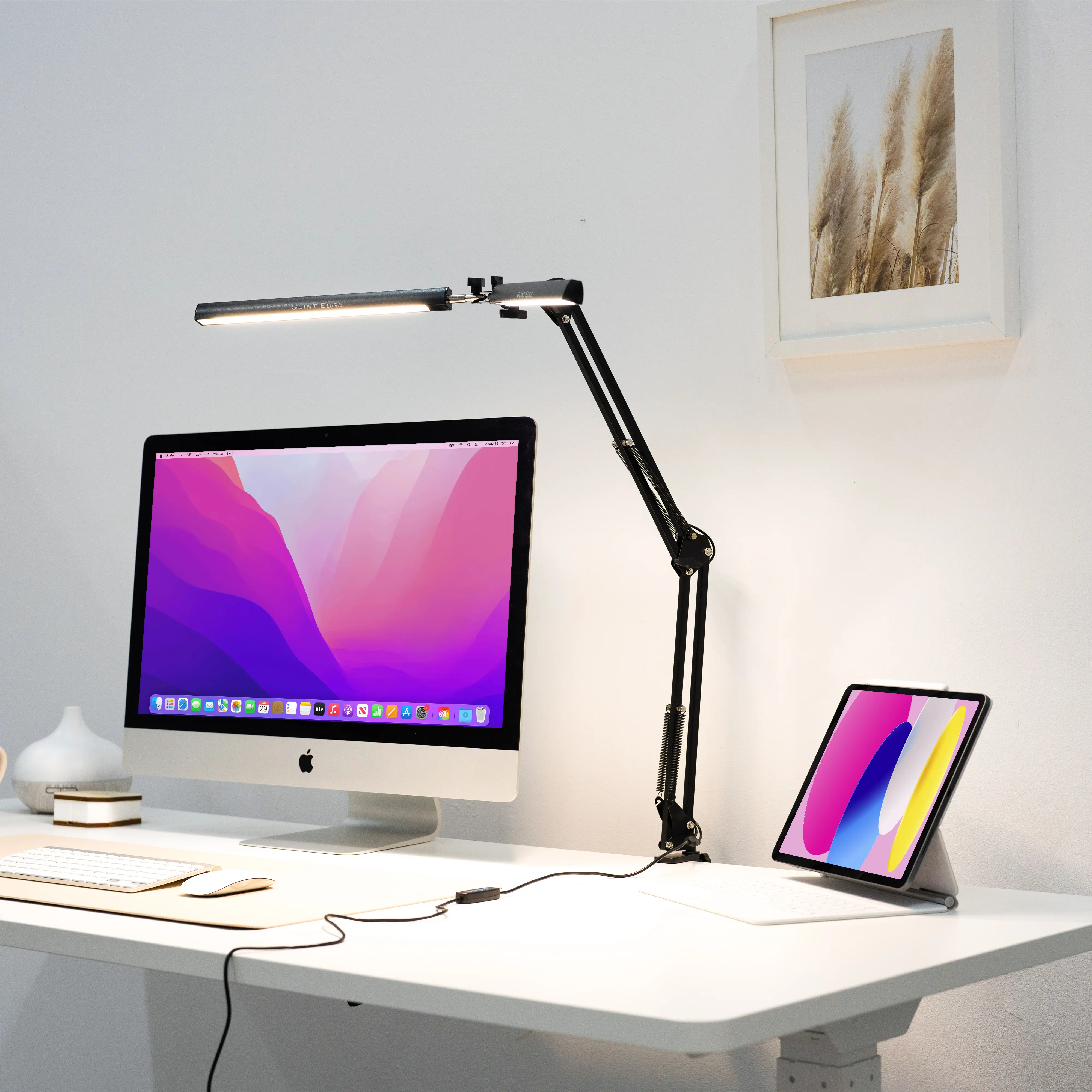 Glint Edge Double Head LED Desk Lamp, Ultra-Wide Coverage for 72" Workspaces, Eye-Caring, 360° Adjustable, Stepless Dimming, Remote Control, 10 Brightness Modes, 3 Color Temperatures, Energy Efficient