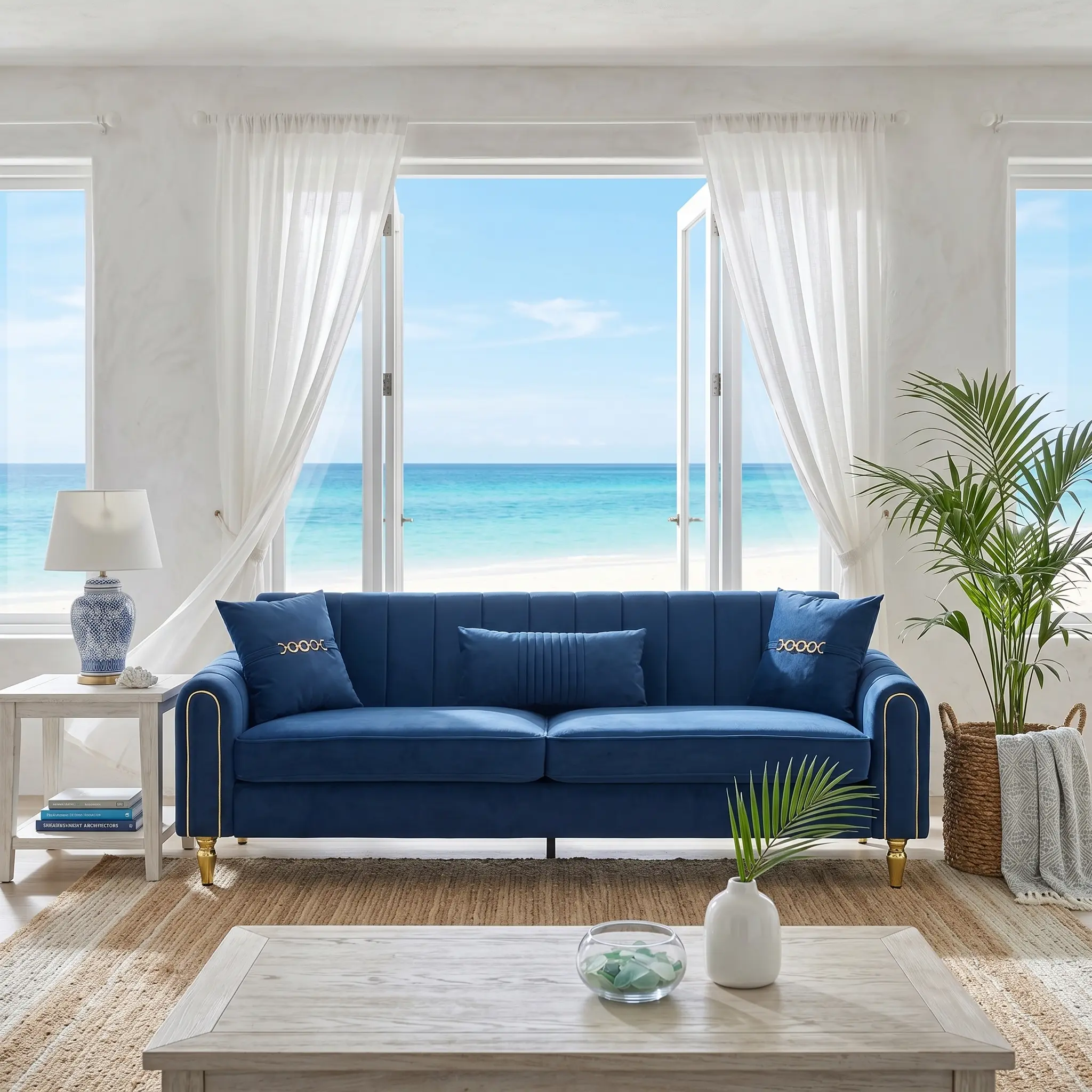 3-Seat Modern Velvet Comfy Sofa - Luxury Indoor Furniture, Sofas for Living Room, Wood Frame, Gold-Plated Metal Legs, Fixed Arms, Pocket Springs, Deep Polyester Fiber Cushion, 1 Lumbar Pillow, 750 lbs Capacity, 87.6" W×30.7" D×30.1" H for Lounge Area