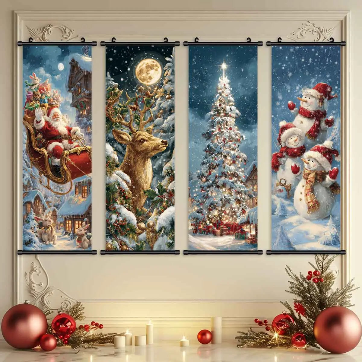 4-Piece Christmas Wall Art Set, Santa Claus & Snowman Designs, High-Quality Waterproof Prints, Perfect Holiday Decorations, Festive Home Decoration, Festive Ambiance