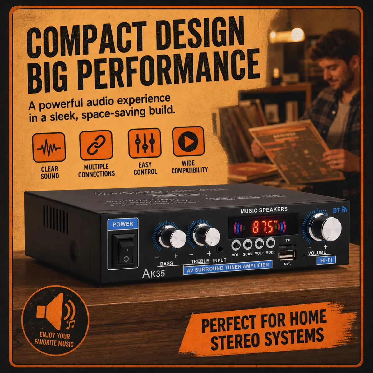 Compact Wireless Mini Hi-Fi Stereo Amplifier with Bluetooth 5.0, Plug, Remote Control, USB/SD Card Reader, FM Radio, 100W+100W Peak Power Digital Audio Receiver, Bass/Treble Knobs for PC Users, Streaming Compatibility