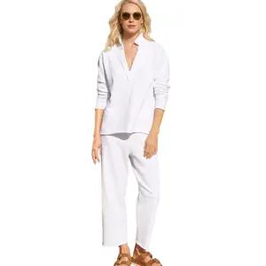 Songling Casual 2 Piece Sets for Women V Neck Long Sleeve Tops Wide Leg Pants Workout Outfits Fashion Carmel Travel Set Suits Oversized Solid Clothes Drawstring Womenswear