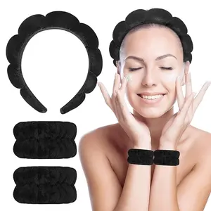3 PCS Spa Headband and Wristband Set for Washing Face, Terry Cloth Facial Puffy Makeup Headband for Women bubble thick Minimalist Solid cute trendy