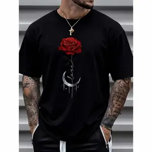 1 Piece, 100% Cotton, Printed T-Shirt With Rose Pattern, Men's T-Shirt With Four Seasons Leisure And New Trend, Cotton Short-Sleeved T-Shirt With Round Neck And High Street, Fashion Boutique T-Shirt, Christmas Gift For Halloween And Thanksgiving.