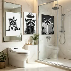 3-Piece Black & White Raccoon Bathroom Decor Set | Minimalist & Playful Animal Wall Art | Perfect for Bathrooms & Living Rooms — Whimsical Raccoon Poster Series framed and unframe