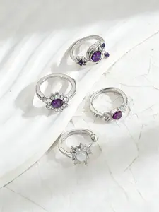 Fashion Starry Sky Sun & Moon Ring 4-Piece Set, All Seasons, Opal & Amethyst, Open Adjustable, Stackable Women's Rings, Gift for Best Friends & Couples