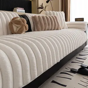 Cloud-Like Cream Ribbed Faux Fur Sofa Cover | Ultra-Soft Striped Couch Protector