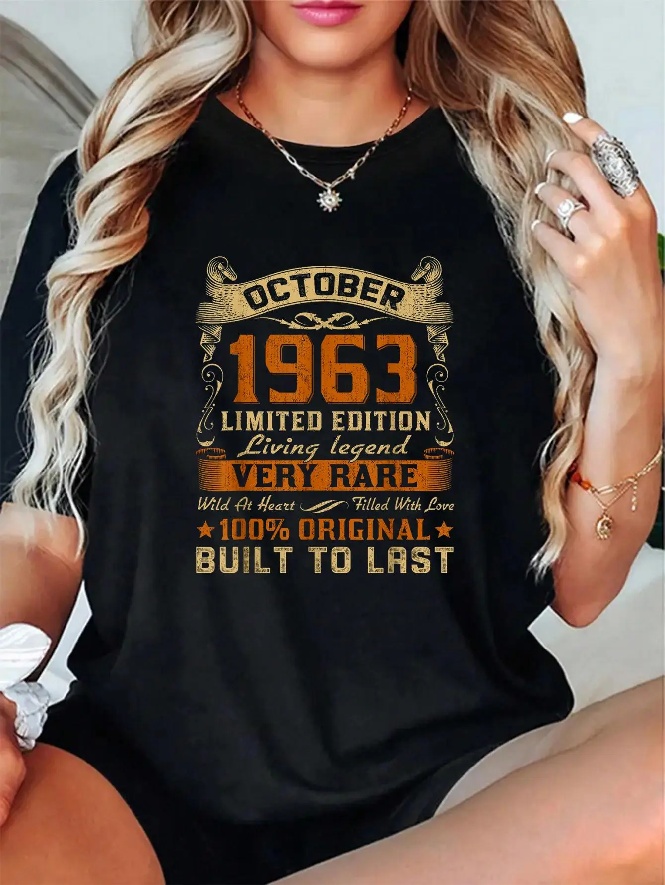 Women's Vintage 1963 October-Born Short-Sleeve T-Shirt - Cute Vibe Soft Cotton Casual Top, Breathable Everyday Fabric Custom Digital Print Birthday Gift, Shortsleeve, Fit