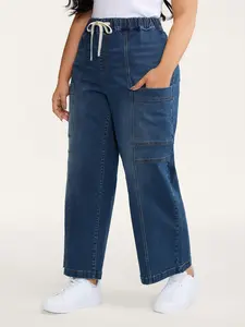 【Summer Turn-Up】【Tummy control】BlOOMCHIC plus size Stretchy Waist Drawstring Straight-Leg Jeans High Stretch Casual Vintage Bluevintage Below Ankle Bottoms Minimalist Basic Streetwear Cotton Denim sydney sweeney Pocket 2026 Summer Pick for Mother's Day