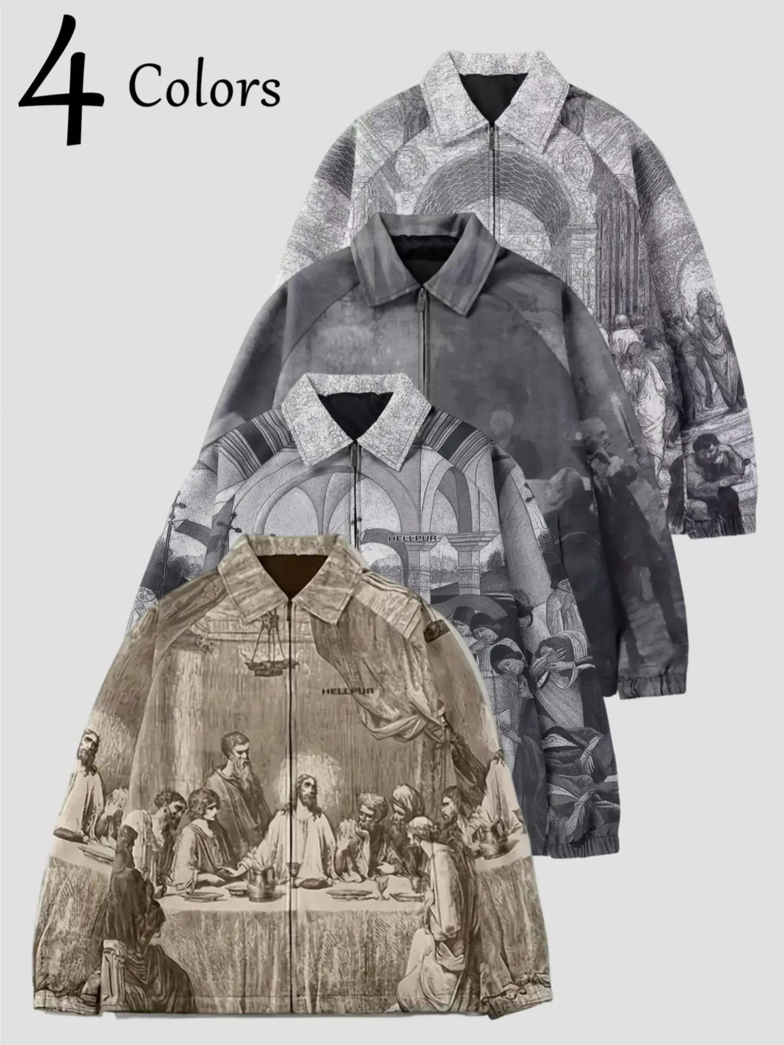 Men's Zip Up Jacket Turn Down Collar All Over Print Renaissance Art Graphic Vintage Retro Novelty Casual Lightweight Coat Streetwear Hip Hop Y2K Fashion Relaxed Fit Elastic Cuffs Daily Commute Trendy Windbreaker Statement Piece Fall Spring Outfit 4-Colors