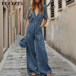 UOOZEE retro style denim jumpsuit women's fashion deep V-neck waist cinching slimming wide leg short sleeved jumpsuit