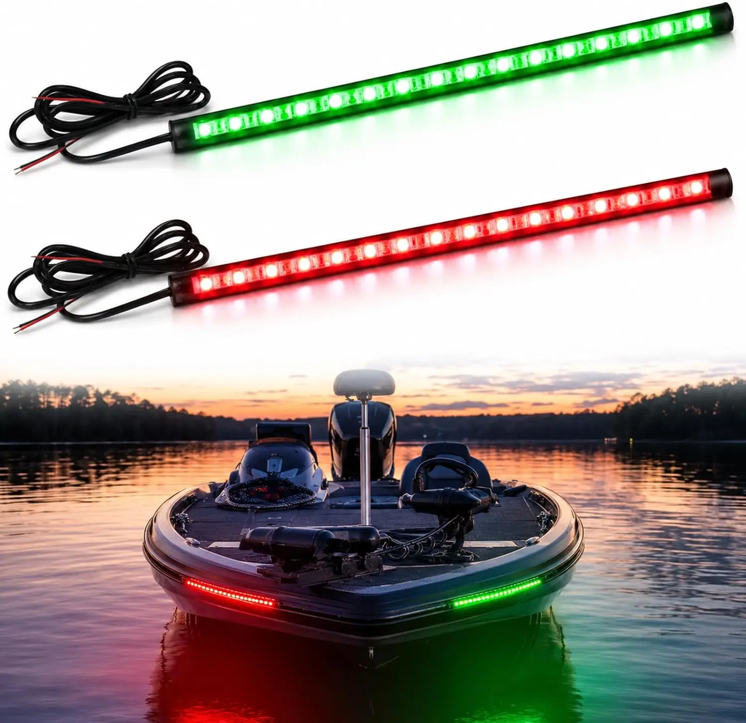 2-Pack 12-Inch LED Navigation Lights, Red and Green Flexible Strip Light Kit, 12V IP67 Waterproof for Night Fishing on Pontoon, Kayak, Bass Boat, Night Fishing Lights