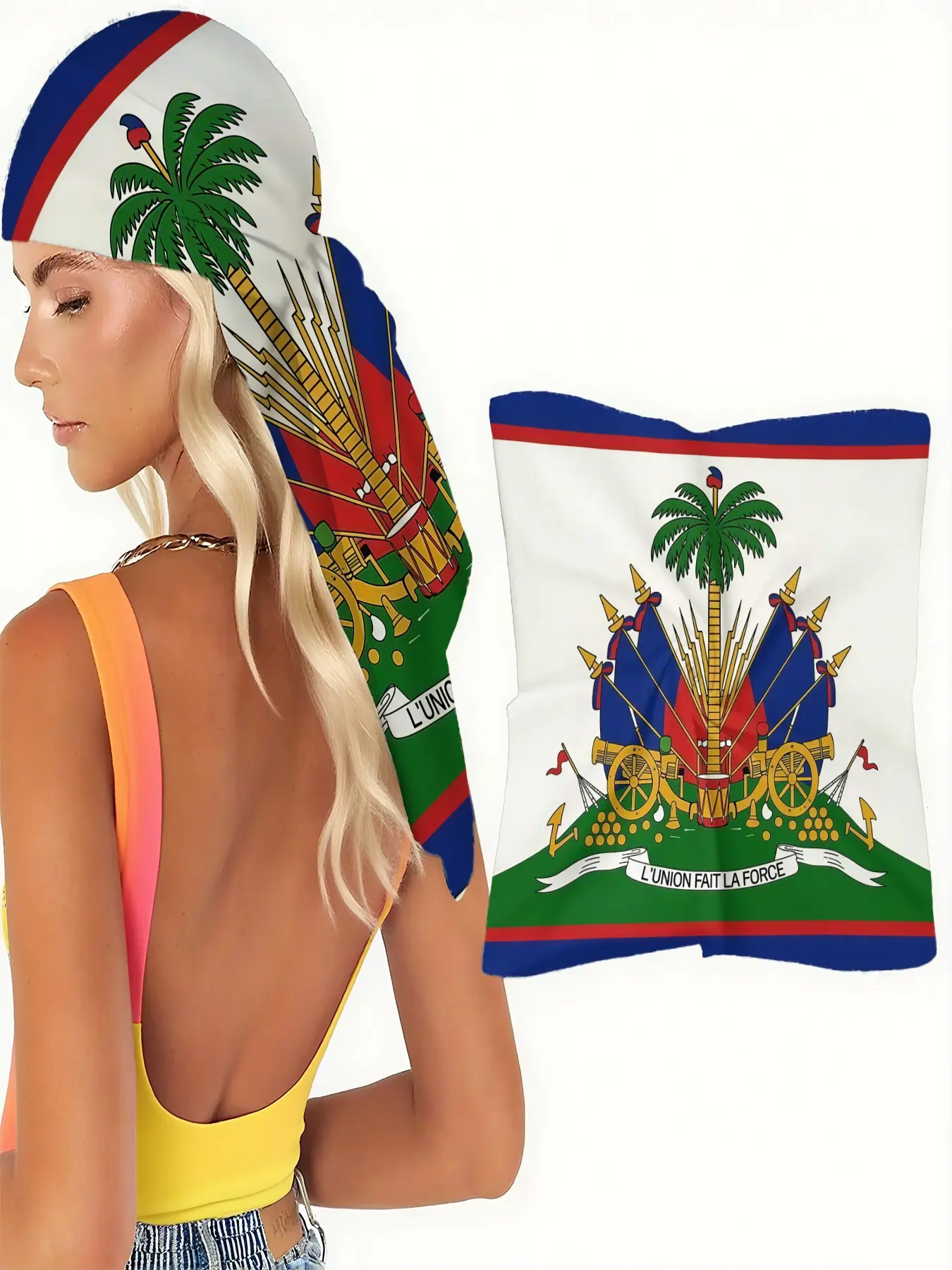 1 Piece Vintage Design Haitian Flag Print Scarf for Women, Soft Material Lightweight Square Shape Wrap for Head, Hair and Neck, Patriotic Caribbean Theme Style, Vintage Print Headscarves