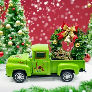 Classic Green Car Christmas Table Decorations, Home Decor Ornaments, Set of 2 or 3 Resin Ornaments with Elderly Man Snowman Wreath Design