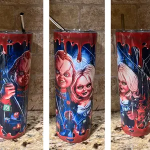 Chucky & Tiffany bl**d drips tumbler & spider web 20oz stainless steel
