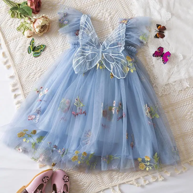 2025 New Summer Dress for Girls Sweet Butterfly Dress Embroidery Flower  Fairy Princess Birthday Mesh Toddler Girl Dress