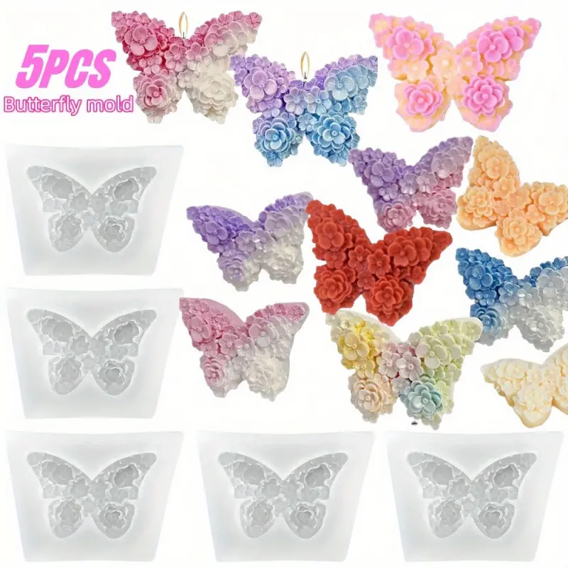 Five piece butterfly shaped silicone mold - reusable non stick 3D flower butterfly mold, suitable for resin, clay, candle, aromatherapy stone and Handicraft production - wedding, birthday, and home decoration (multifunctional) - Wax Melts