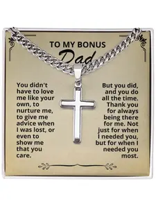 To My Bonus Dad Necklace Stainless Steel Cross Necklace with Message Card and Gift Box Father's Day Gift Birthday, Christmas Religious Jewelry Stepdad Appreciation Gift