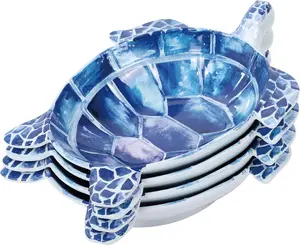 Indigo Sea Turtle Shaped Melamine Bowls - Ocean Theme, BPA-Free, Dishwasher Safe, for Pasta, Salad, Snacks, and Fruit, Blue, 10 x 7.75 Inch, Set of 4