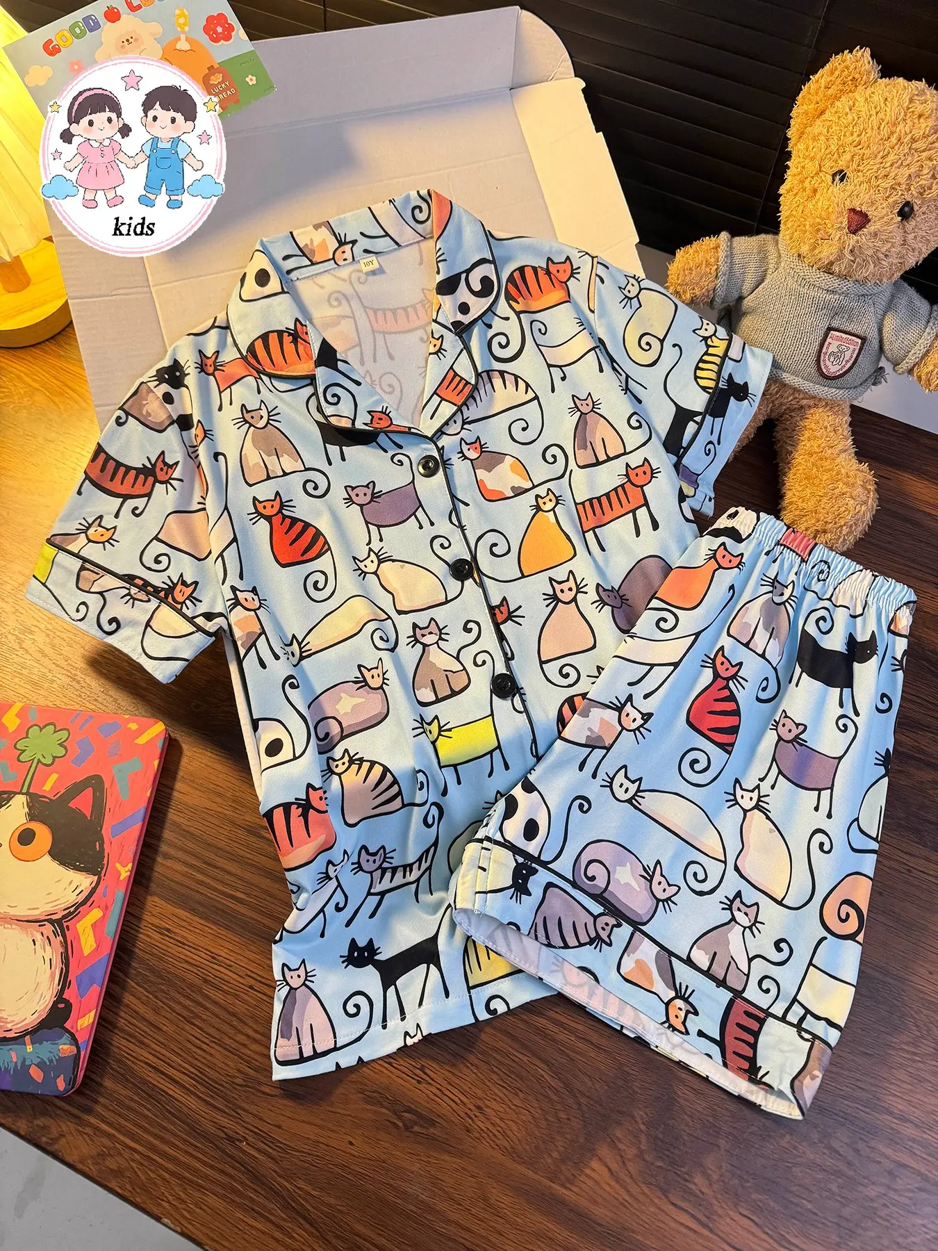 Pajama Set, Short Sleeve Button Front, Animal Print, Cartoon Print Sleepwear, Casual Fitted, All Seasons, Summer Pajama Set, Boys & Girls, Home Wear, Vacation, Party, Cartoon Pattern Pajamas, Summer Pjs