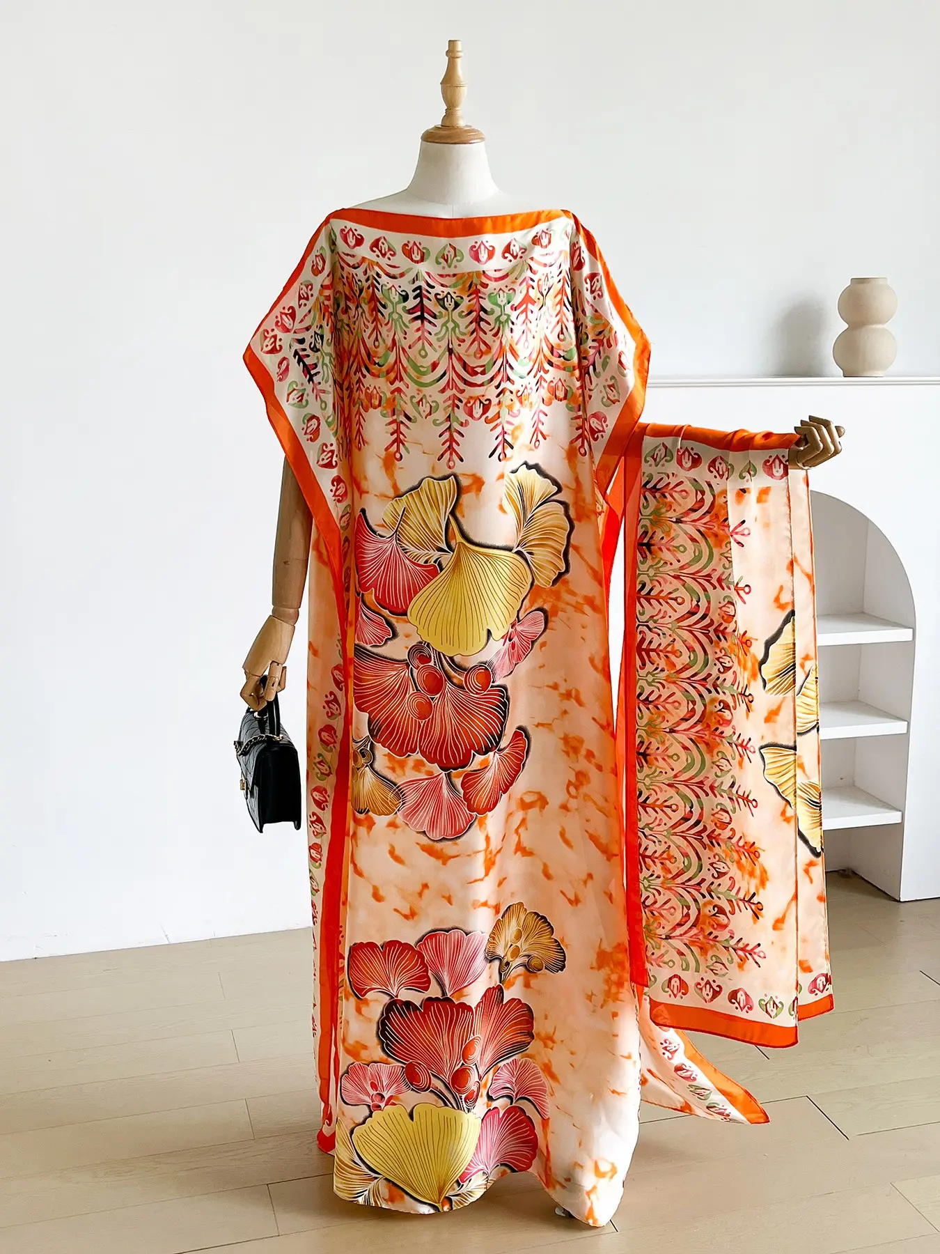 Elegant Ginkgo Leaf Print Robe Set, Long Cape Dress + Headscarf Scarf, Women's Beach Sun Protection, Beach Cover Up, All Seasons Fitted Style