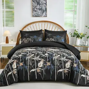 Black Floral Comforter Set Queen Size, 7 Piece Botanical Plant Comforter Bedding Set, Bed in a Bag Queen, Soft Microfiber Complete Bedding Set with Sheets for All Season