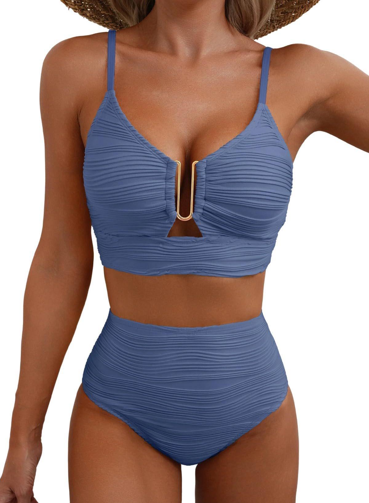 2 Piece Bikini Set U-Wire Cutout Swimsuit High Waisted Textured 2026 Summer Swimming Clothing Beach Water Sports Tummy Control Swimwear