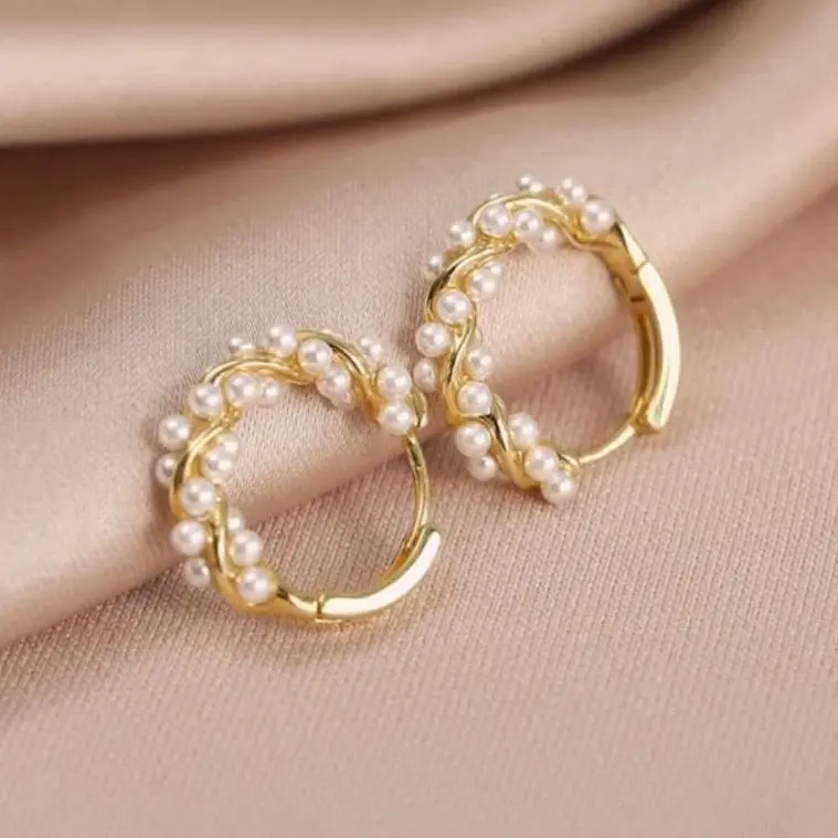 Pearl Embellished Chunky Gold Hoop Earrings for Women, 0.6 Inch Hypoallergenic 925 Silver Casual Jewelry, Gift for Birthday, Wedding, Friend, High Quality Earrings, Graduation, Mother, Daughter, Engagement