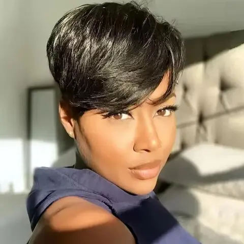 ShowReal Short Pixie Cut Wig Brazilian Virgin Human Hair Black And Highlight Colorful Wig With Bangs Full Machine Ready To Go Glueless Wig