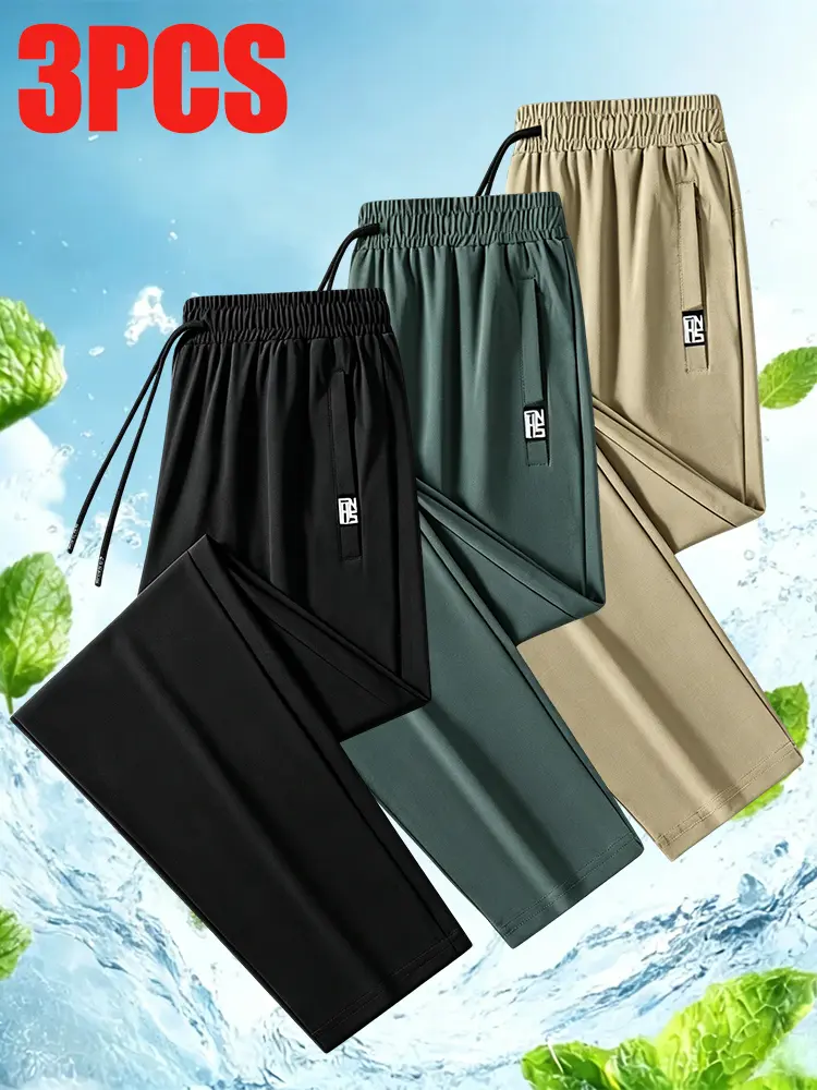3-piece set for men: two straight wide-leg pants for summer, American-style loose, drapey athletic pants, available in multiple colors; lightweight casual pants suitable for spring and summer wear.