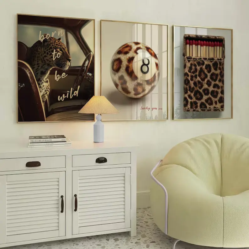 Set of 3 Trendy Wall Art Leopard Print Retro 8 Ball Y2k Apartment Prints Aesthetic Chic Wall Prints Dorm Room Decor College Poster Gift